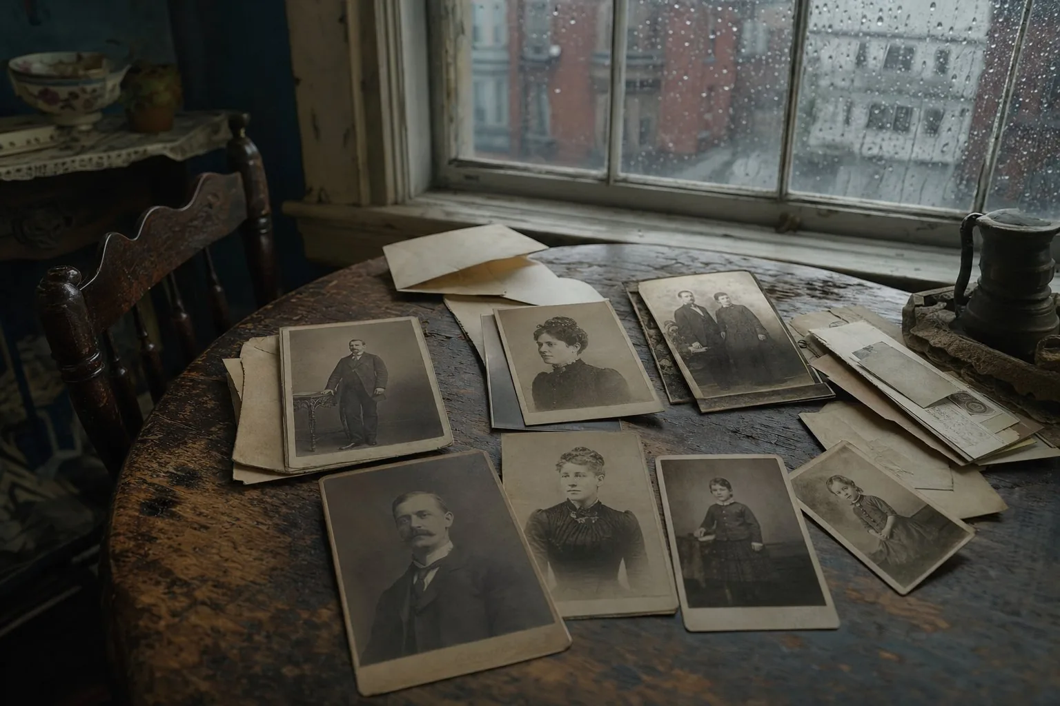 Cabinet photographs, family letters and papers arranged on a Boston dining table in rainy afternoon light