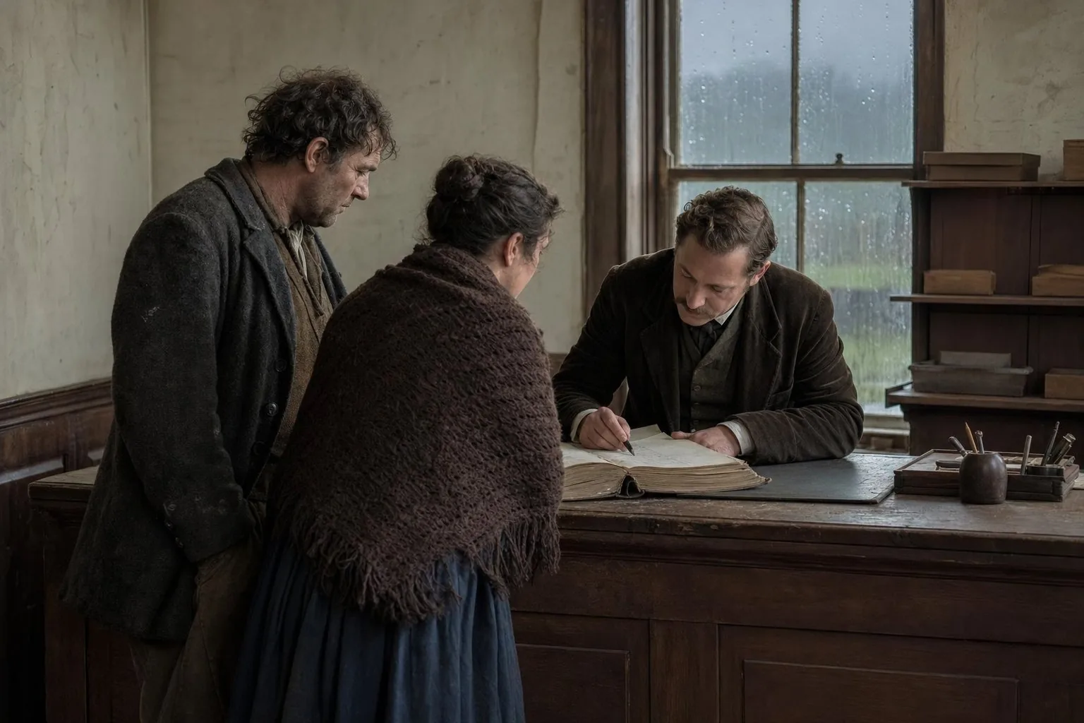 A Mayo civil registration clerk comparing a register with details given by a farm couple in 1872