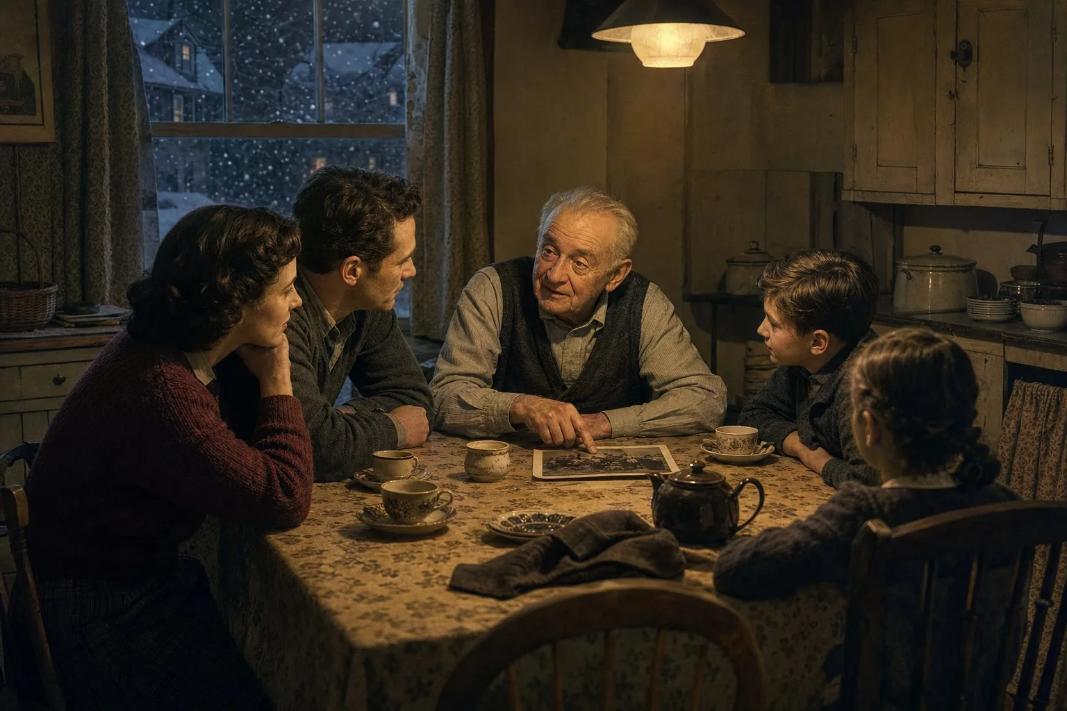 Three generations listening to an Irish-born grandfather at a Massachusetts kitchen table on a snowy evening
