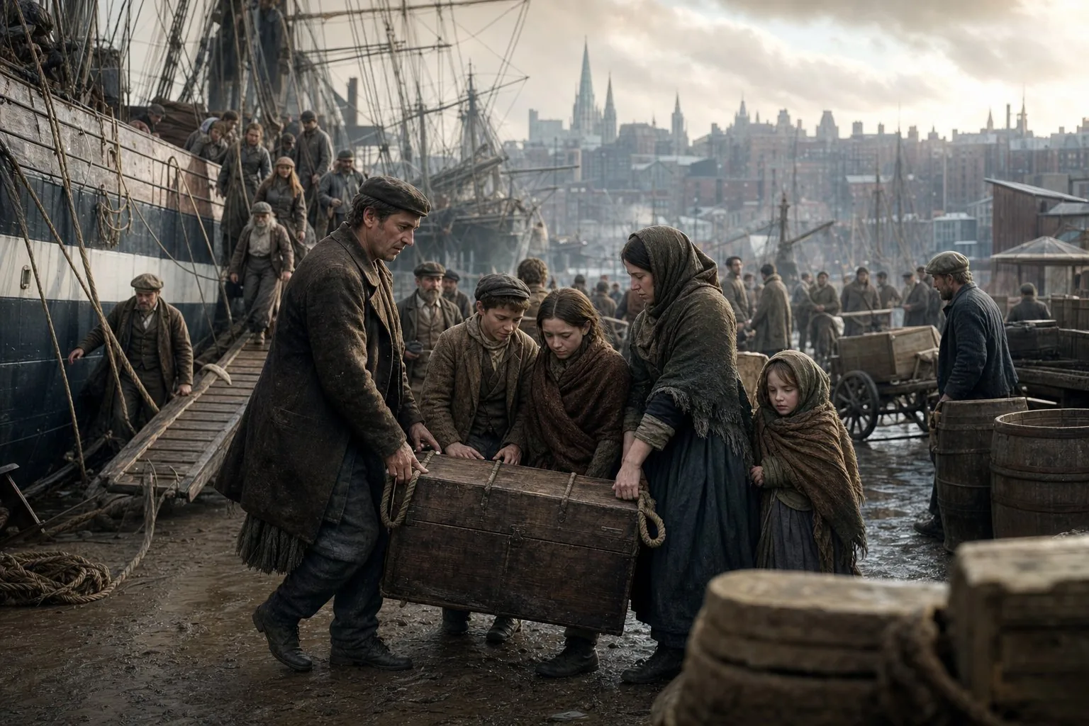 Newly landed Irish emigrants guarding their trunk among runners and porters on a crowded New York wharf in 1849