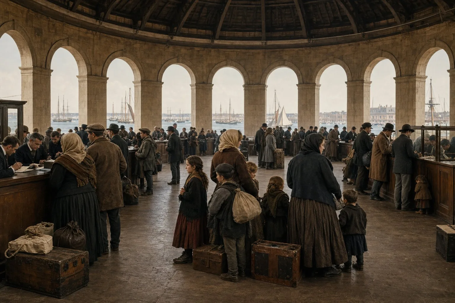 Immigrant families lining up at registration and ticket desks inside Castle Garden in the 1870s