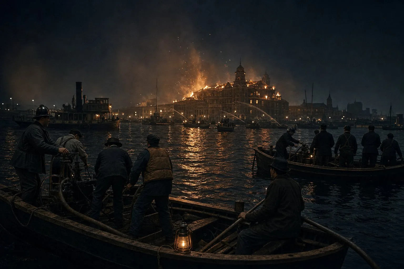 Fire crews working from boats as the original wooden Ellis Island station burns across New York harbour in 1897