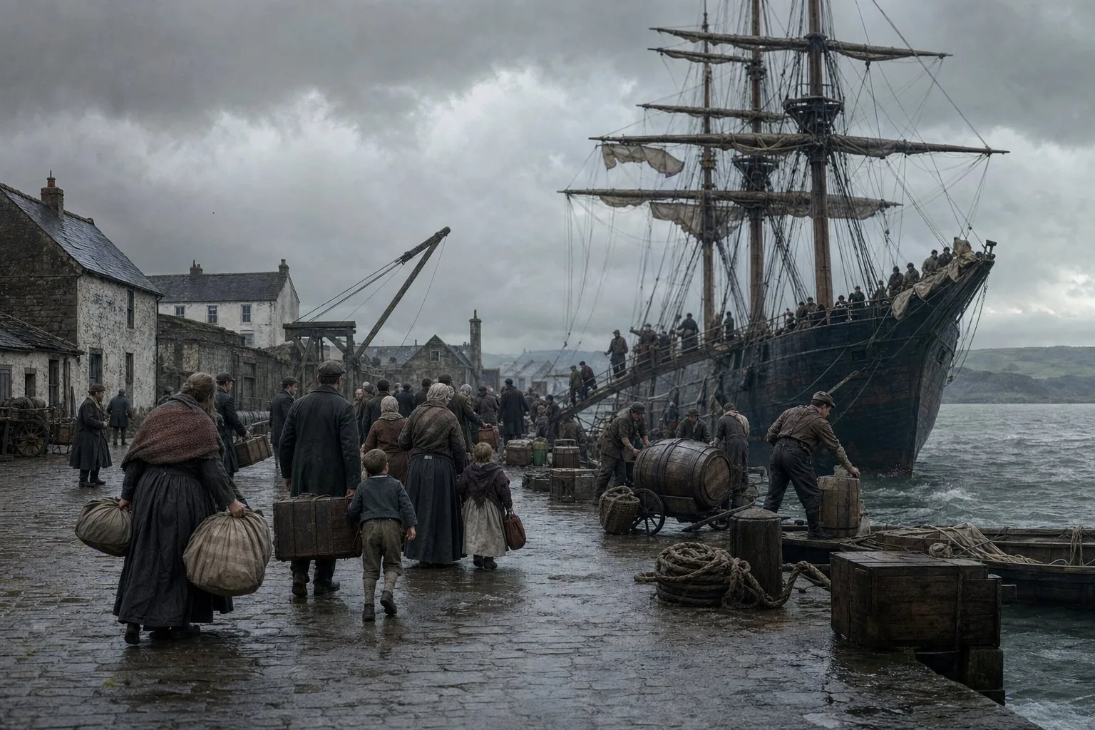Emigrant families carrying trunks and bundles toward a sailing ship on a rain-dark Irish quay in 1847