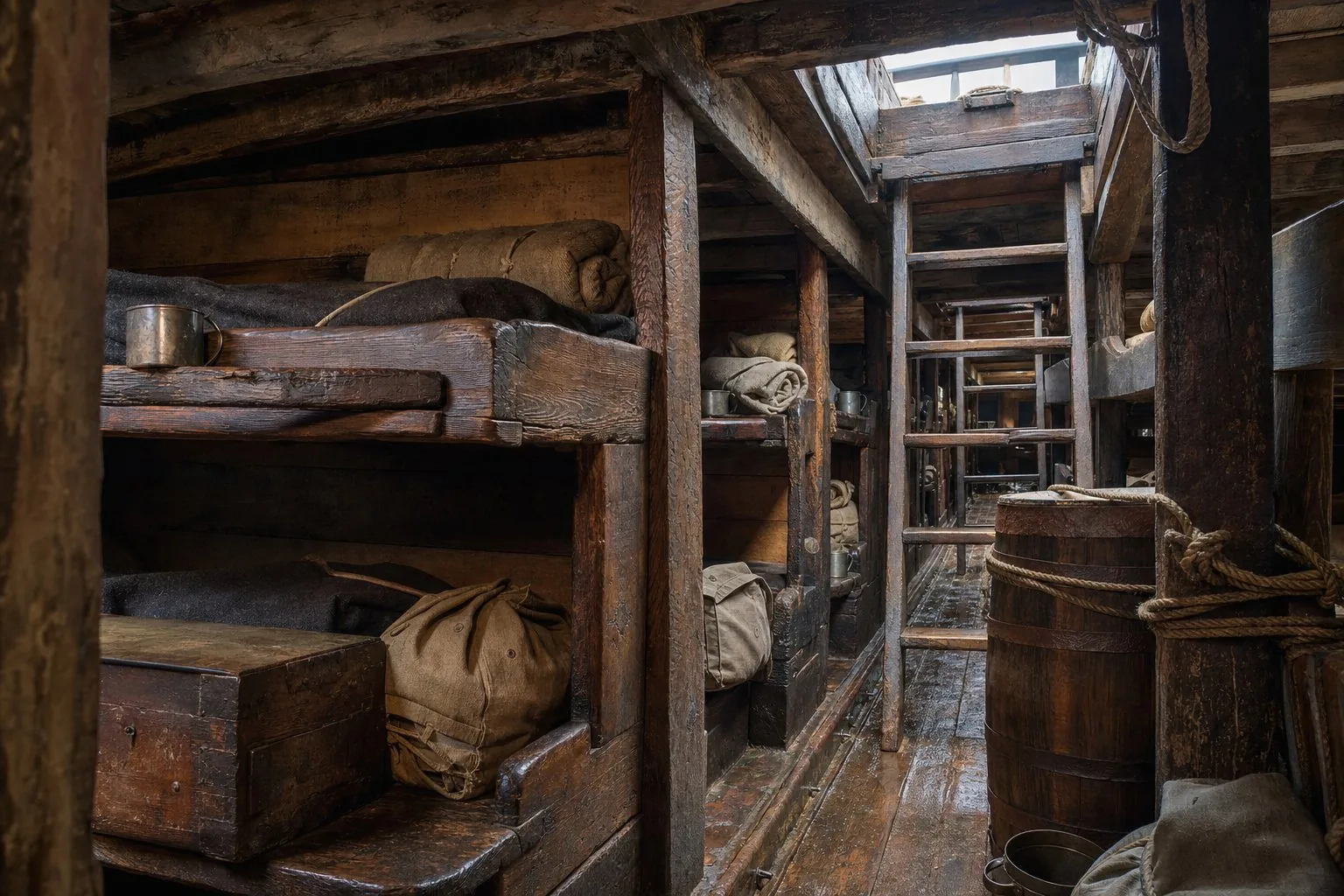 Families seated among cramped wooden berths below deck on an emigrant sailing ship during heavy Atlantic weather