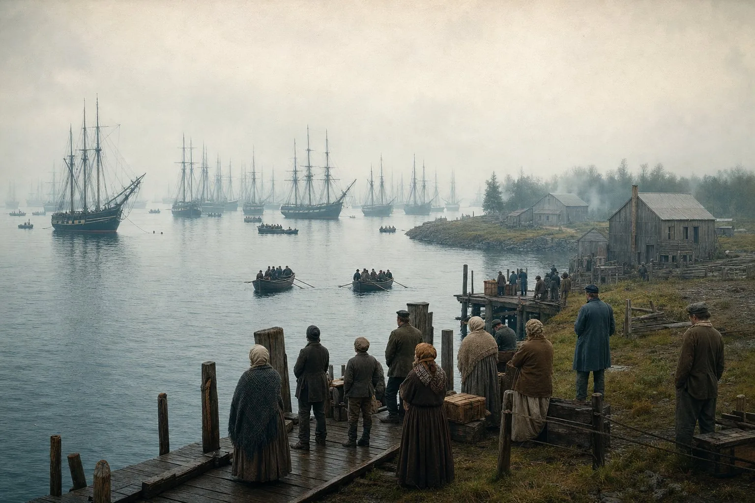 A long queue of immigrant sailing ships waiting below Grosse Ile in the St Lawrence in May 1847