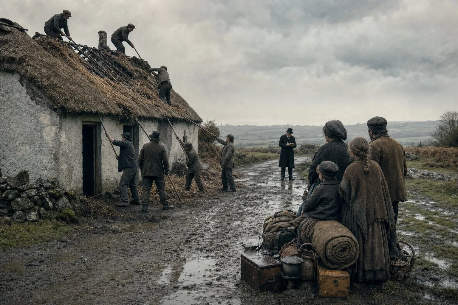 A government inspector recording a crowbar crew removing thatch from a Kilrush tenant cabin in 1848