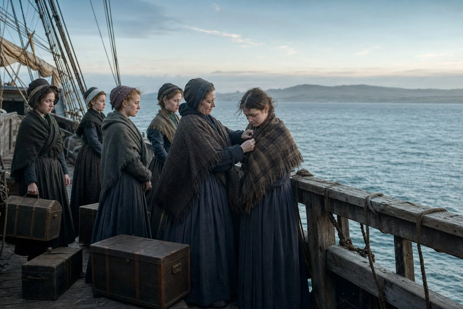 Young Clare women aboard the Thomas Arbuthnot as it approaches Port Phillip in 1850