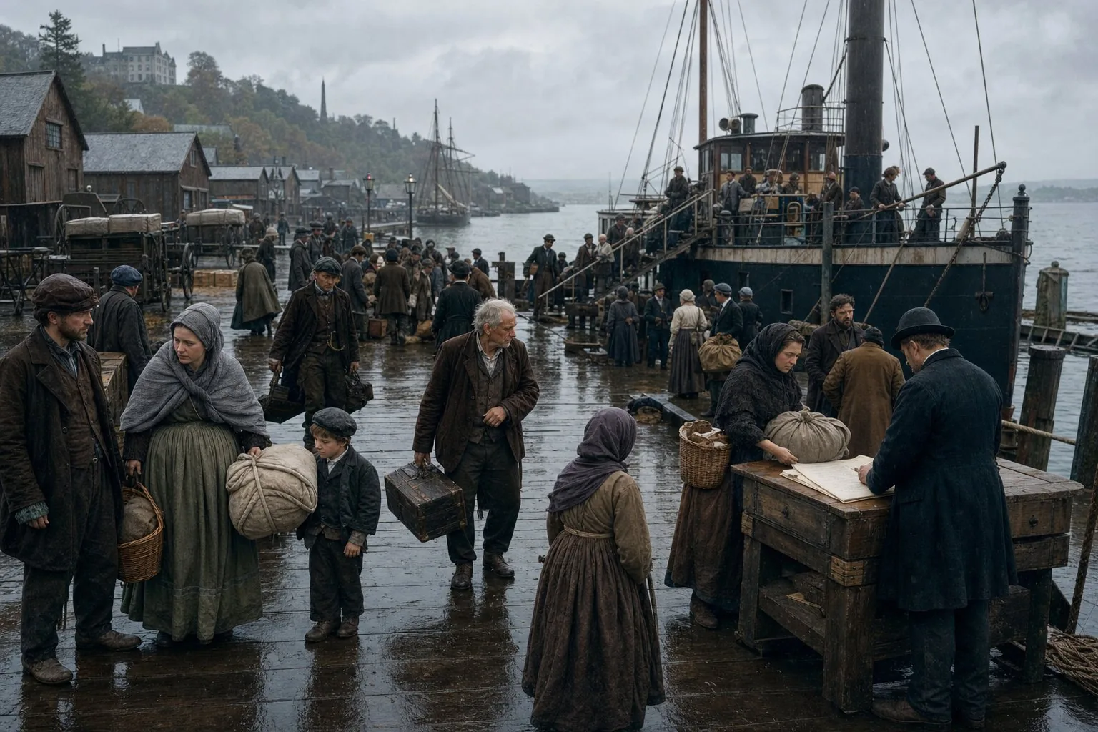 Kilrush union families arriving with modest belongings on a rainy Quebec quay in 1852