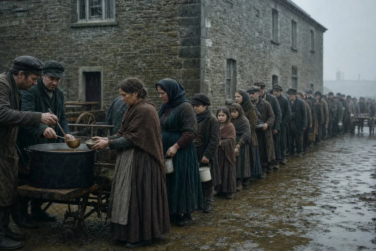 Relief workers serving townspeople on a wet Skibbereen lane in March 1847