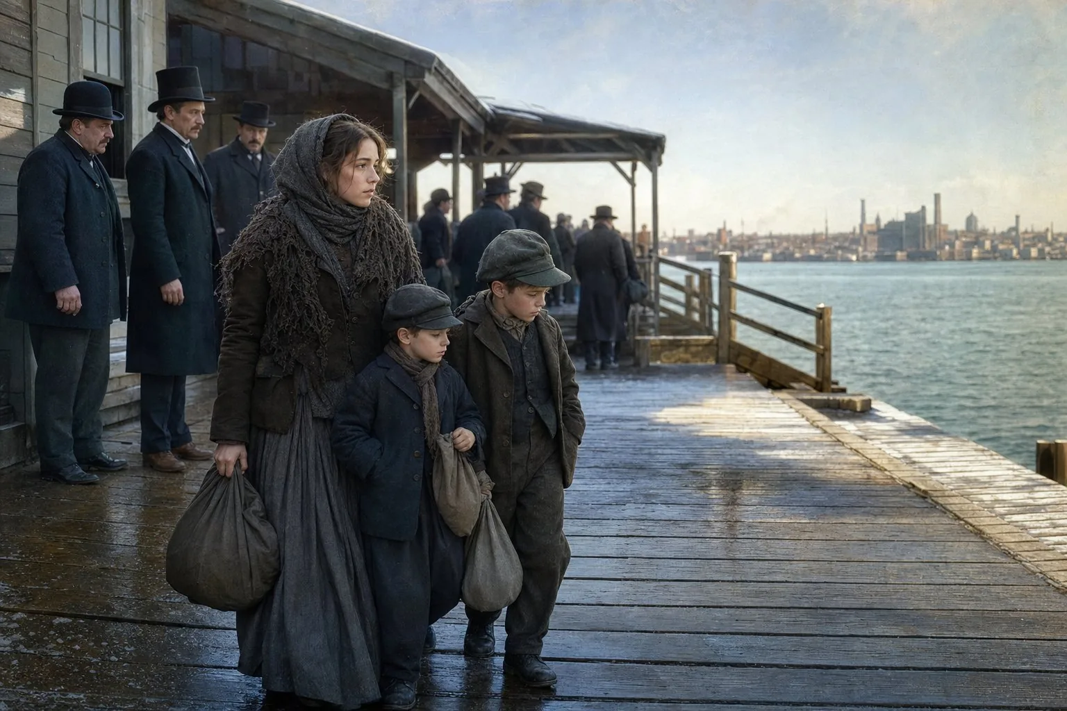 Annie Moore arriving at Ellis Island with her two younger brothers on 1 January 1892