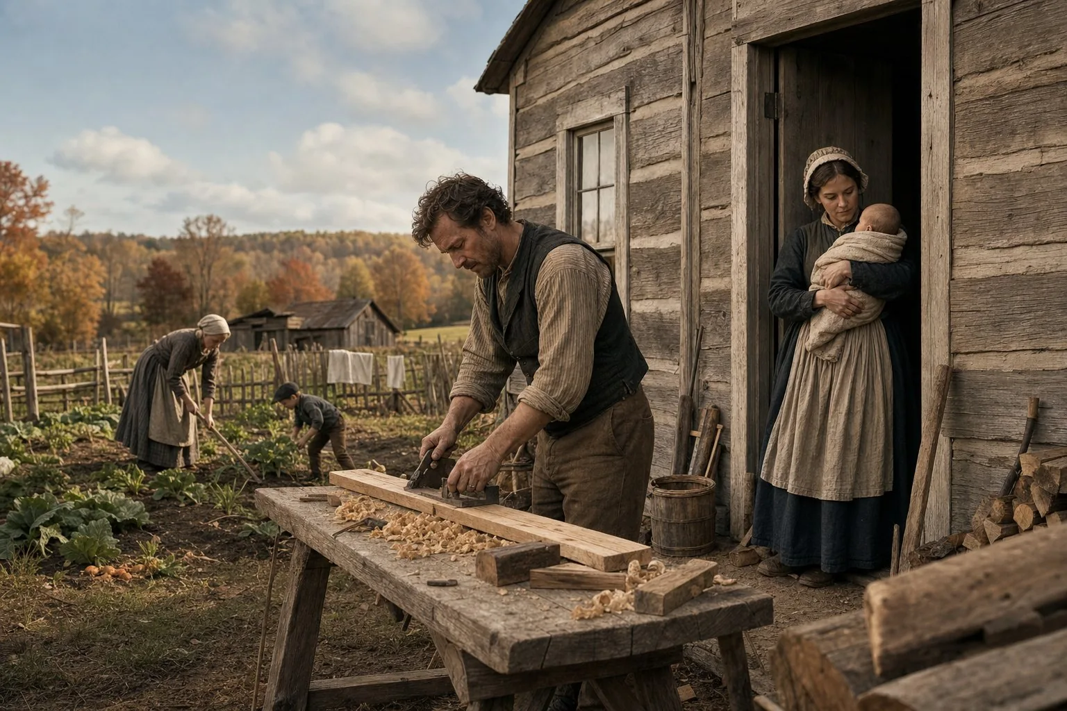 Cork-born carpenter William Ford working outside his Michigan farmhouse with his family in 1863