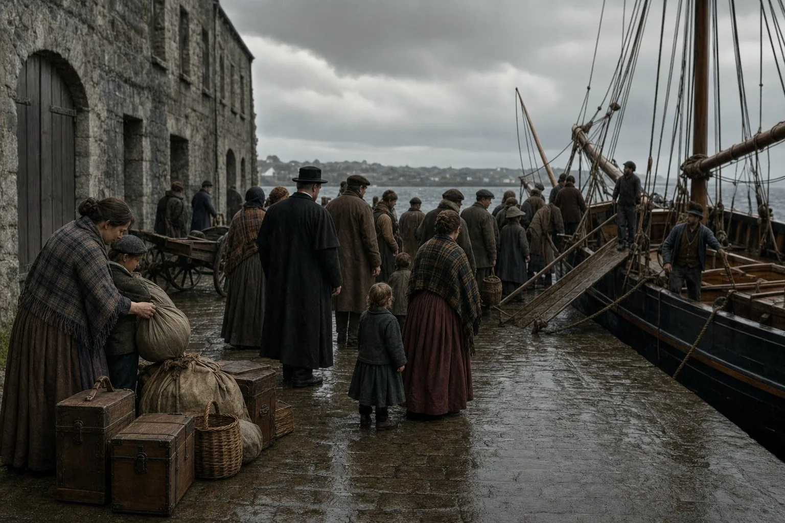 Galway families waiting in rain beside their trunks for a sailing packet to Liverpool in 1847