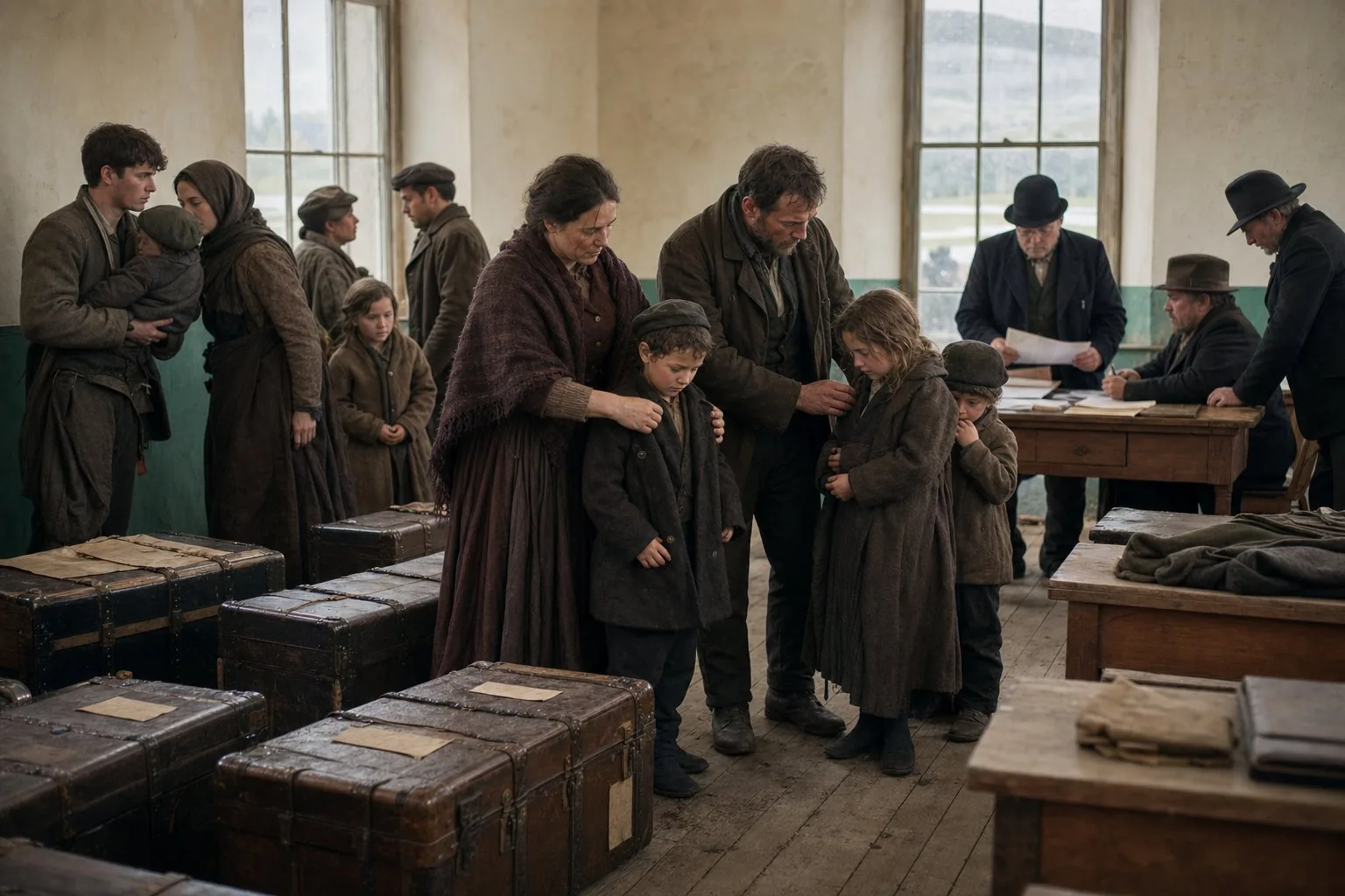 A Connemara family receiving travelling clothes from Tuke scheme organisers in Clifden in 1882