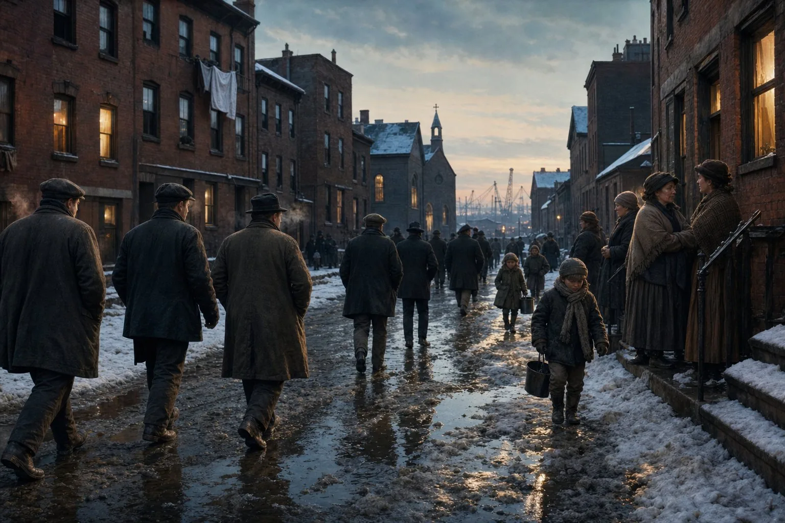 Galway-born dockworkers returning through a snowy East Boston tenement street in 1917