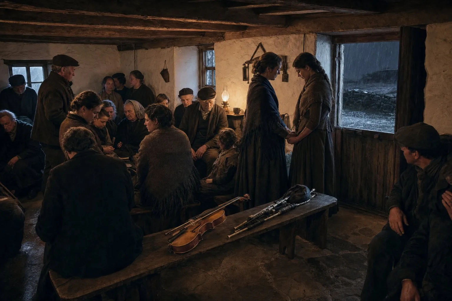 A young woman saying goodbye to her sister at an American wake in west Kerry in 1883