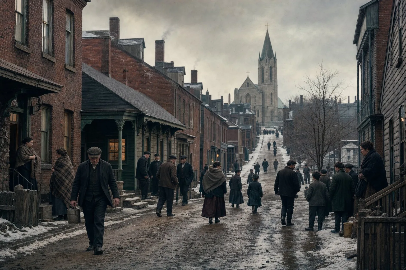 West Kerry mill workers and families filling a snowy Hungry Hill street in Springfield in 1905