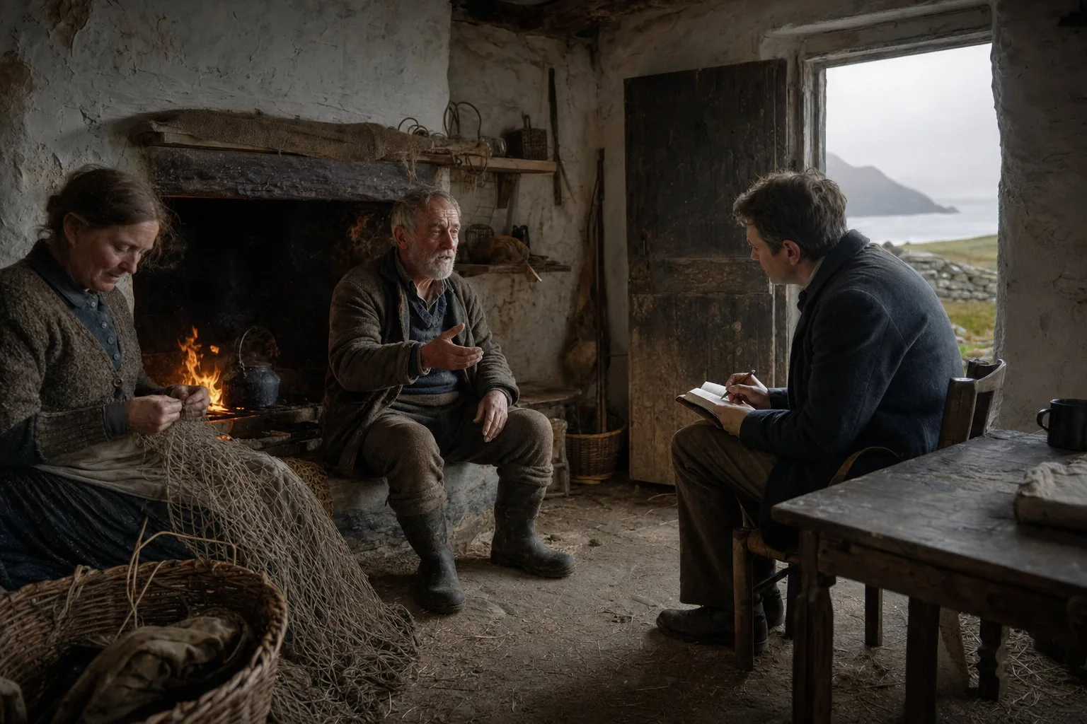 A Great Blasket fisherman dictating island memories beside a turf fire in 1912