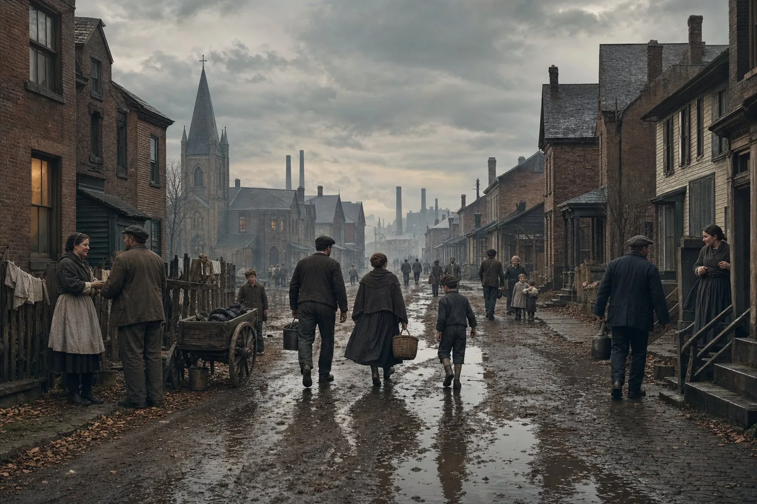 Achill dockworkers and their families returning along a muddy west Cleveland street in 1896
