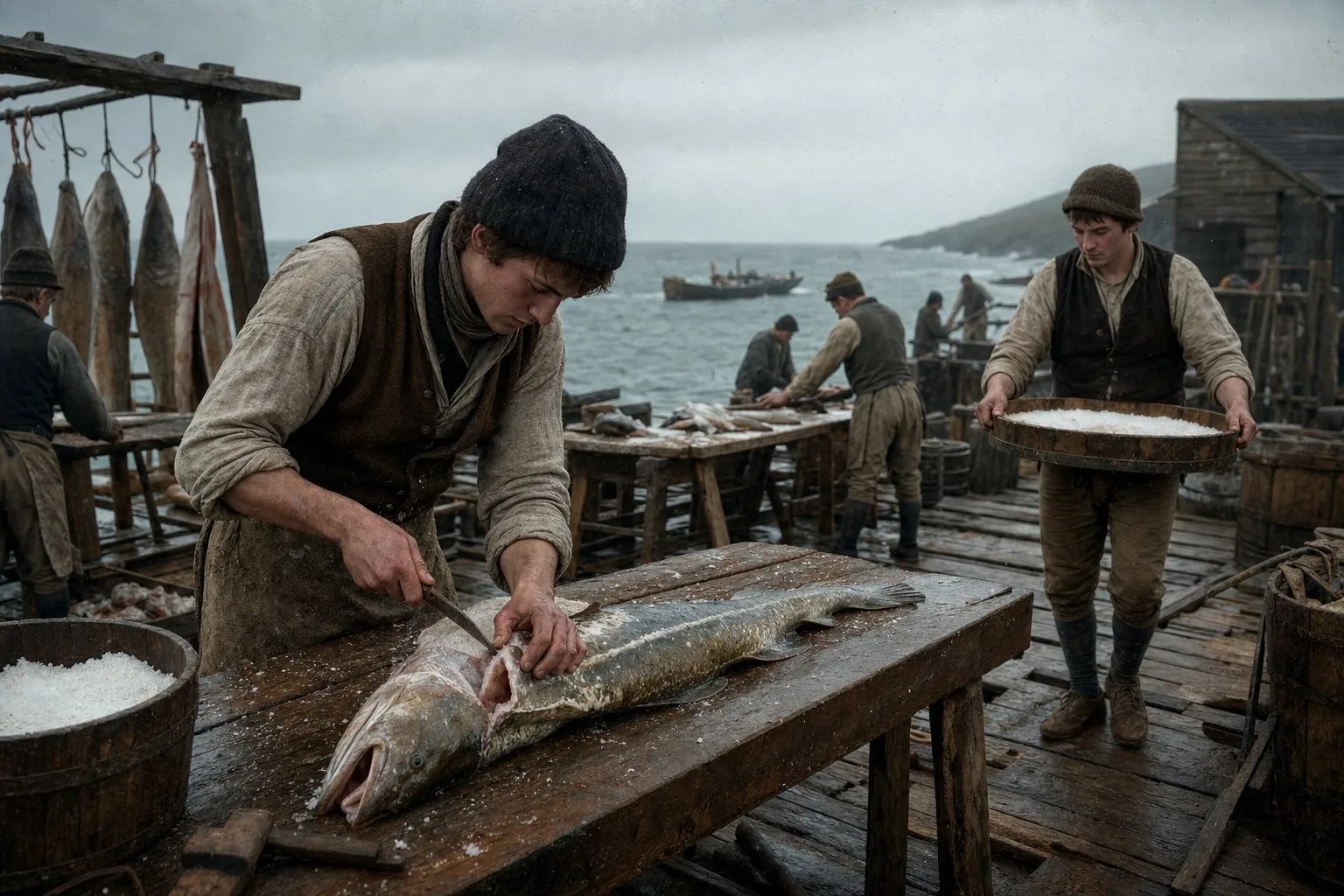 Young Tipperary fishermen salting cod at a misty Newfoundland shore station in 1792