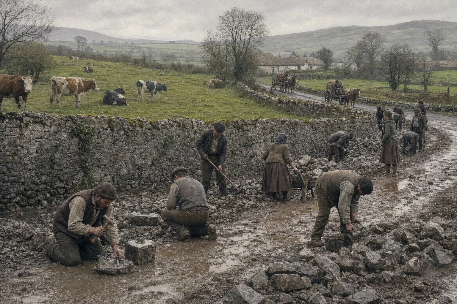 Relief workers breaking stones beside grazing cattle in the Golden Vale in 1847
