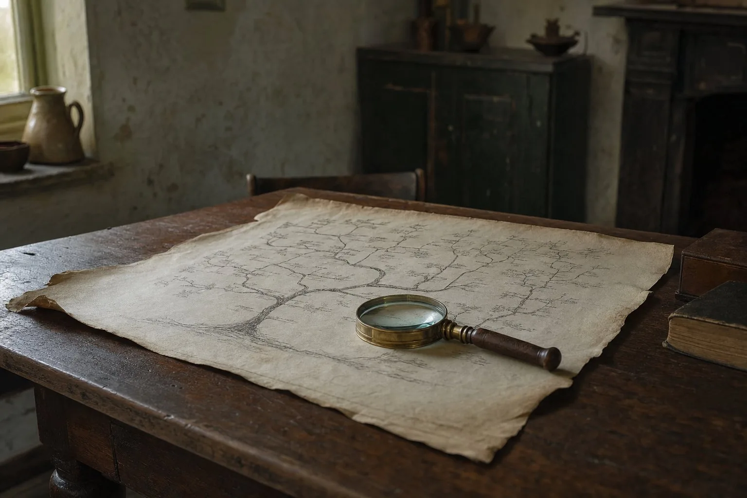 A hand-drawn family tree spread across an oak desk beside a brass magnifying glass
