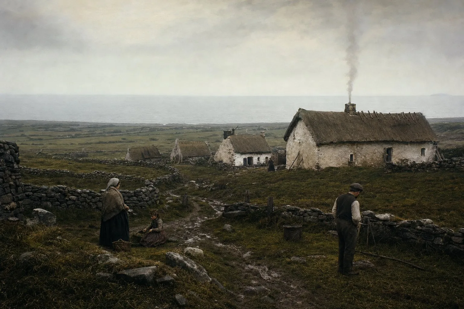 Thatched cottages among stone-walled fields in County Mayo beneath a wide wet sky