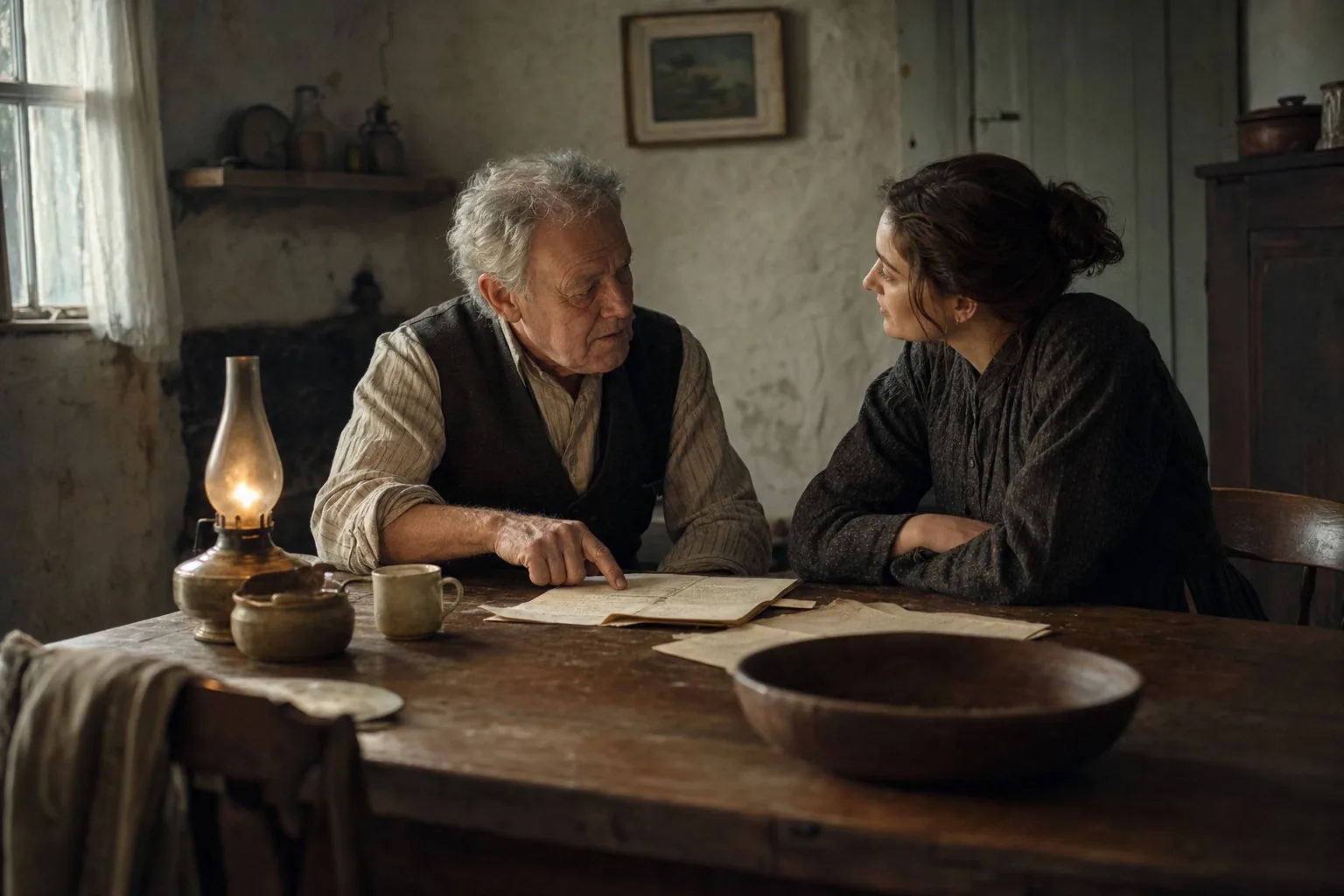 An older man and his adult daughter talking over papers and an open letter at a dining table