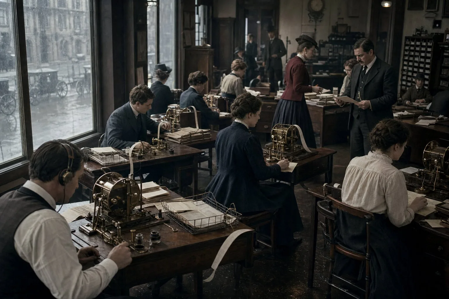 Telegraph operators receiving fragmentary news from Dublin in a New York cable office in April 1916