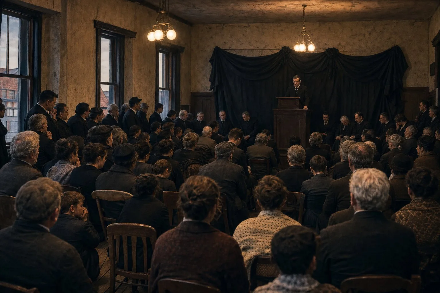 A packed Irish-American public meeting in Philadelphia listening in silence after the May 1916 executions