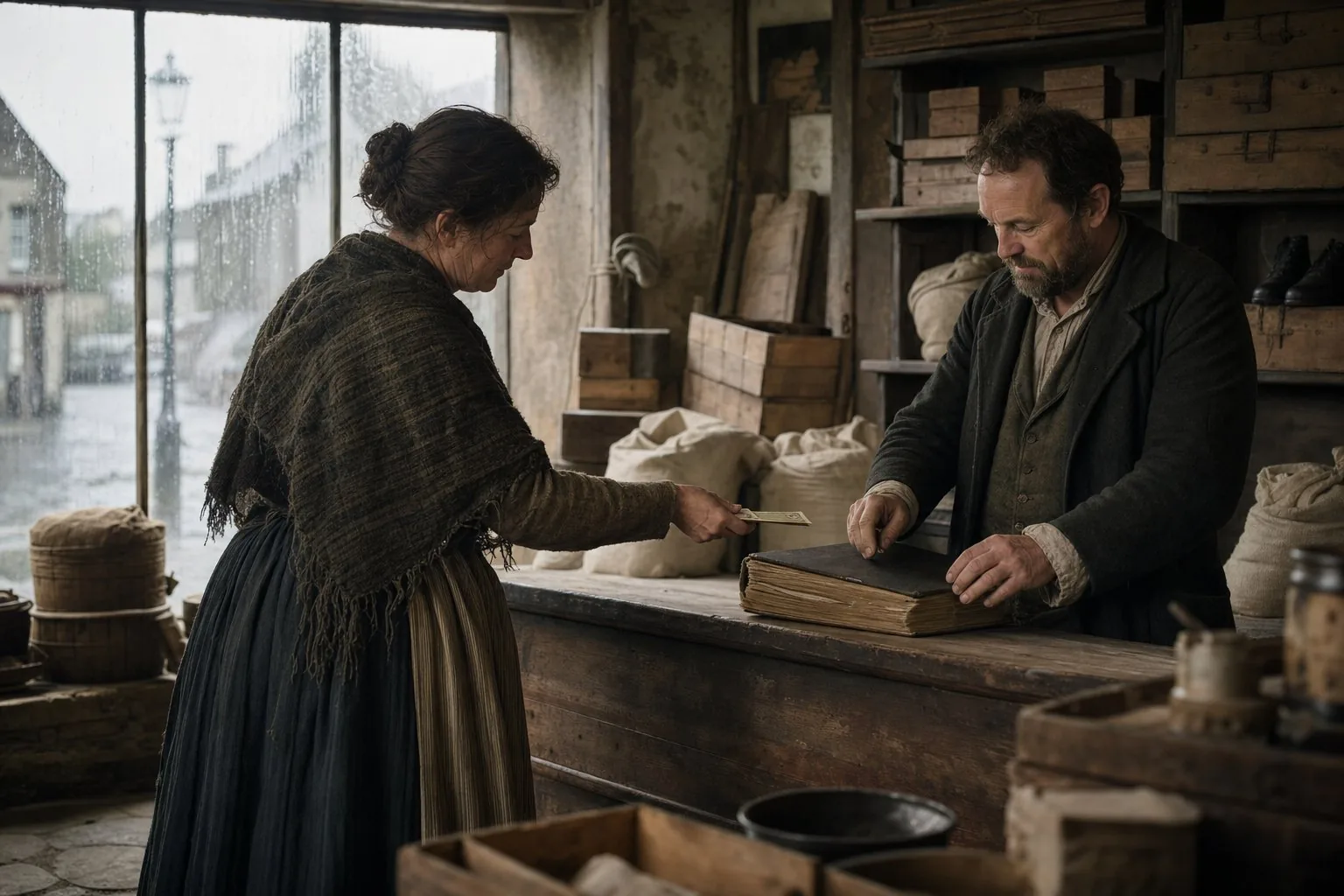 A Mayo farm woman using an American banknote to clear part of a shop ledger in the 1870s