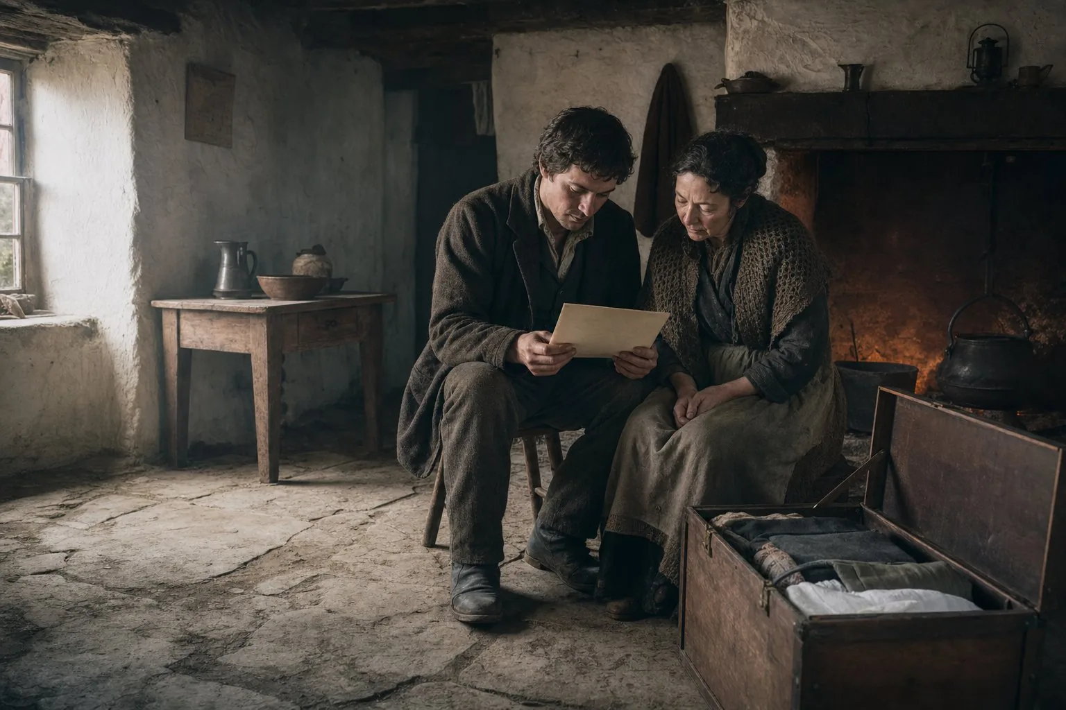 A young man and his mother examining a prepaid passage ticket beside an open travelling trunk in an Irish cottage