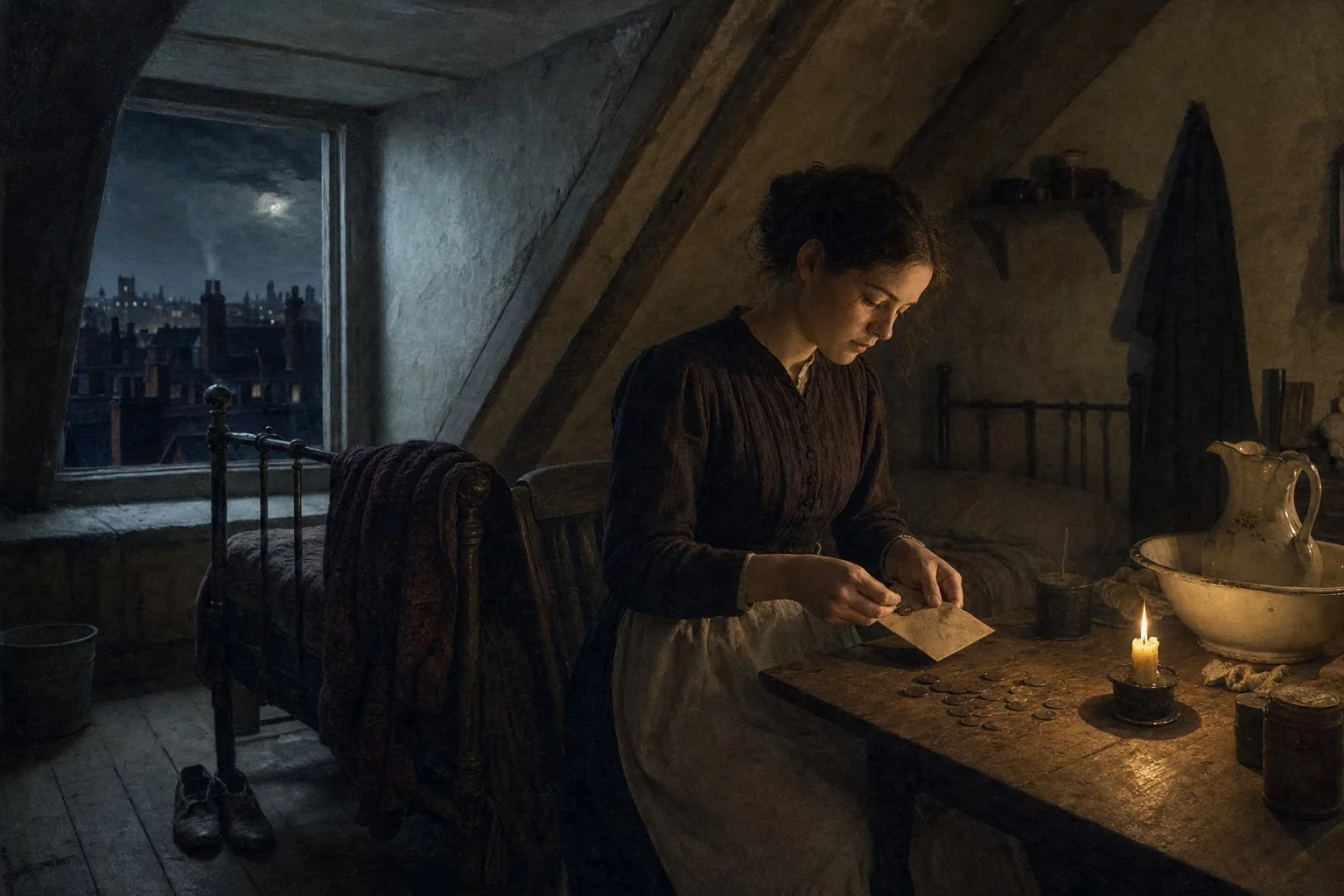 A young Irish housemaid counting part of her wages into an envelope in a New York attic room in 1883