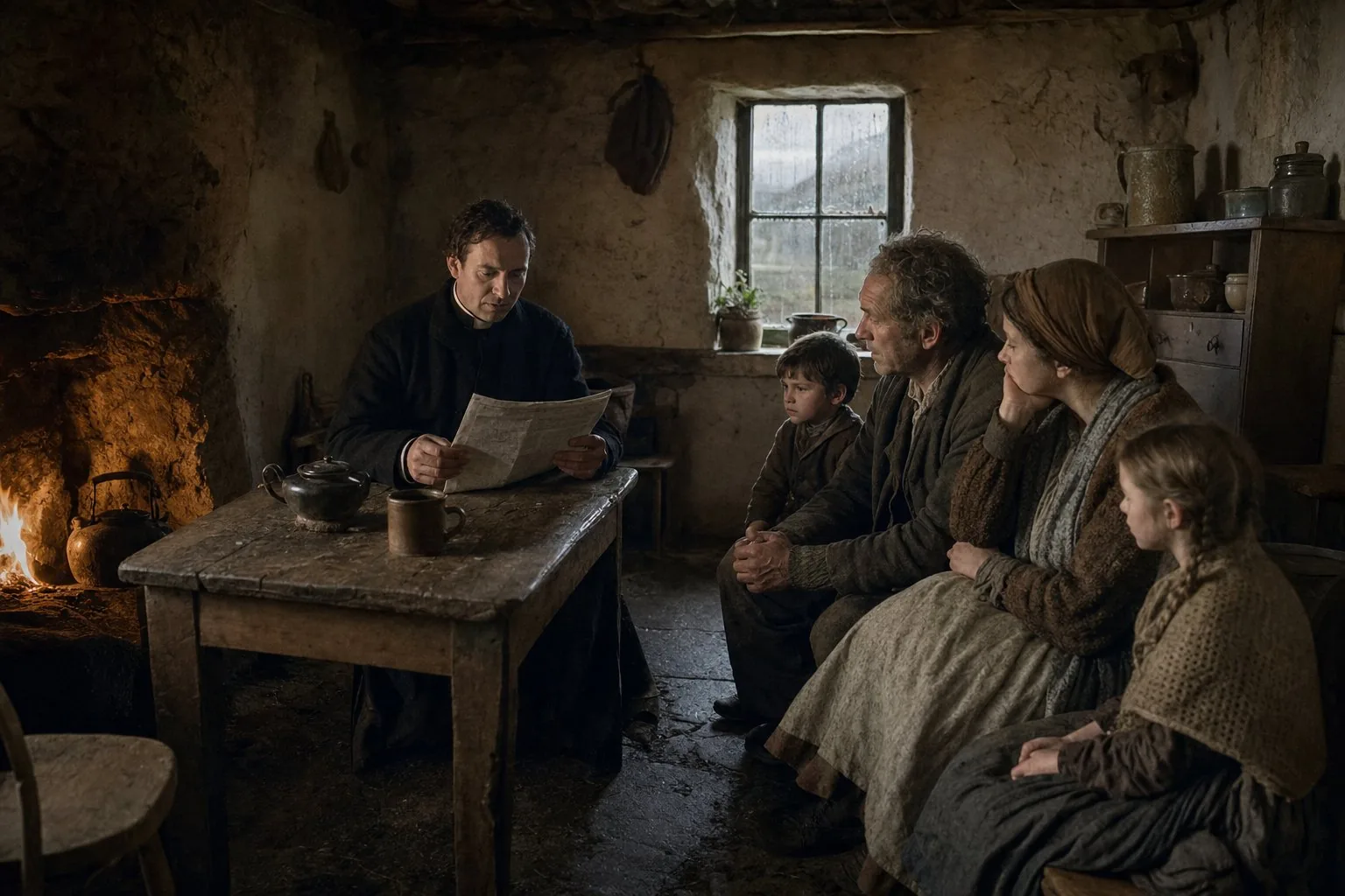 A Mayo family listening as a priest relays delayed American news from an unreadable newspaper in 1855