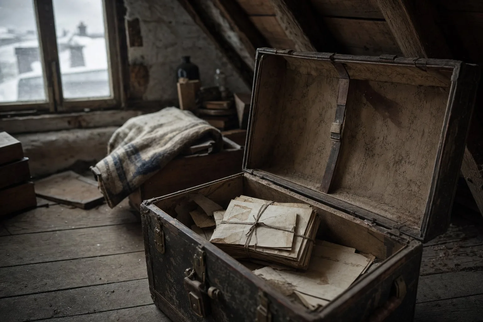 A partial bundle of water-stained family letters resting in an old Boston attic trunk