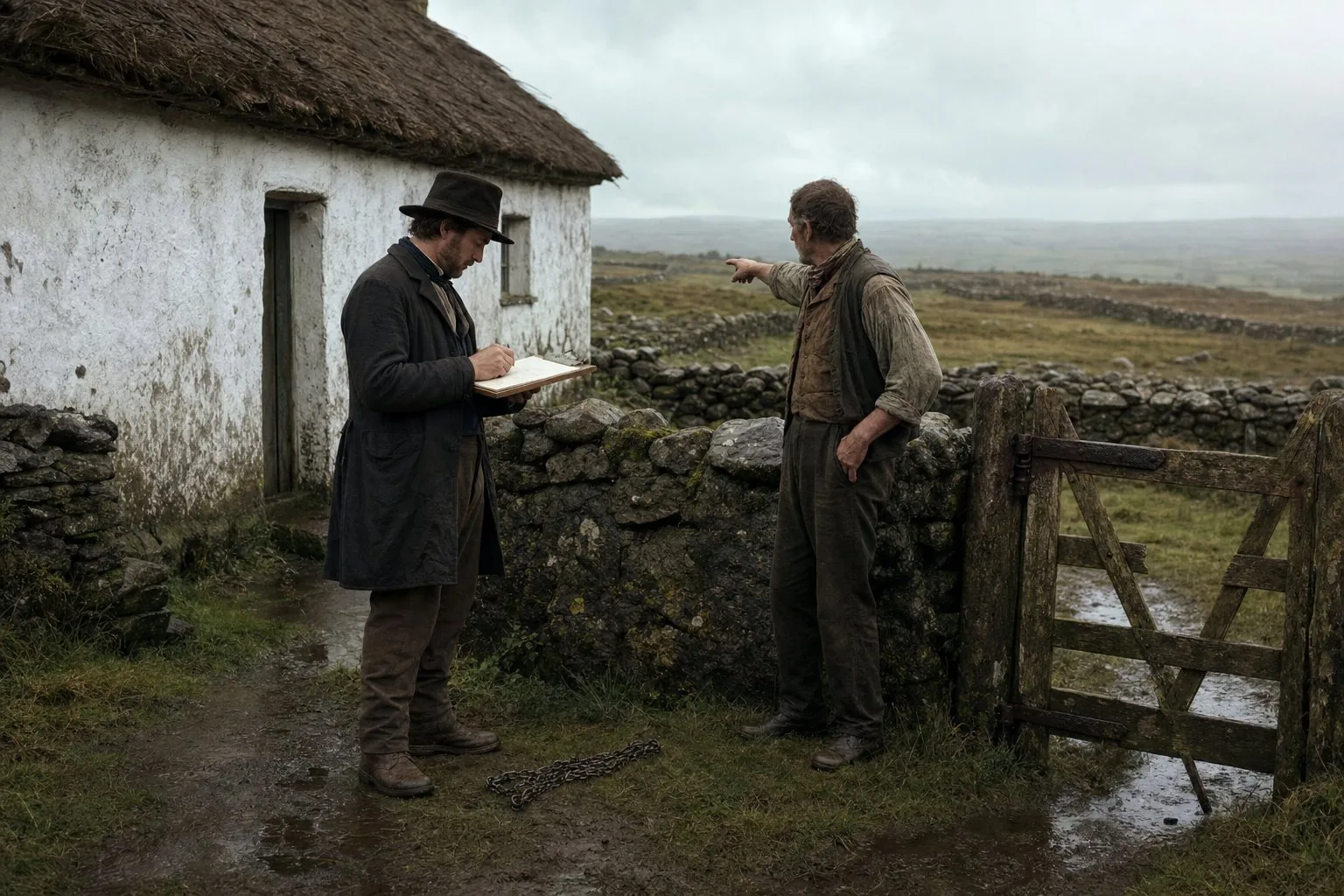 A Griffith's Valuation surveyor recording a tenant holding at a Clare cottage gate in 1855