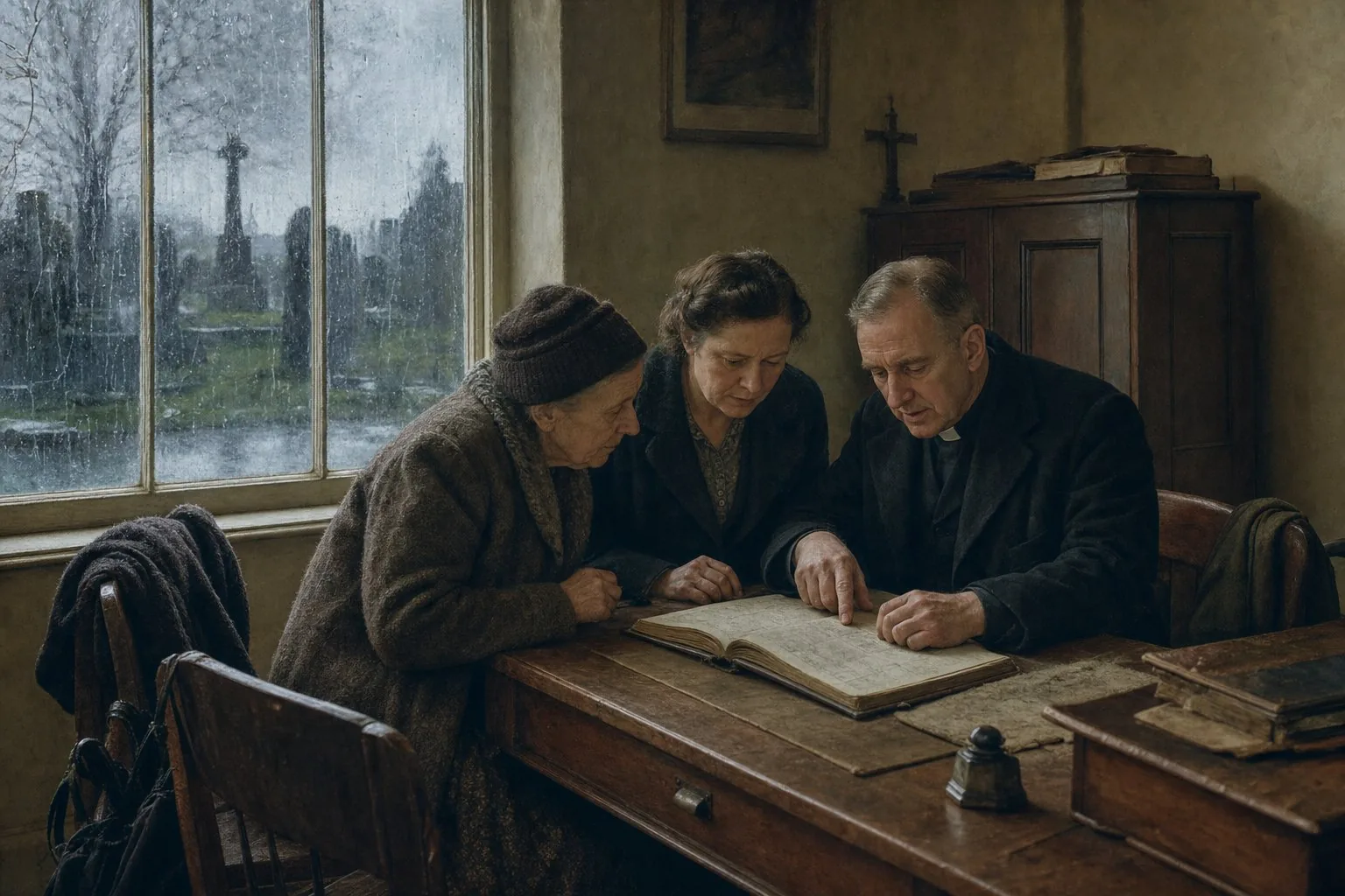A woman and her elderly aunt consulting a parish burial book with a priest in rainy Philadelphia
