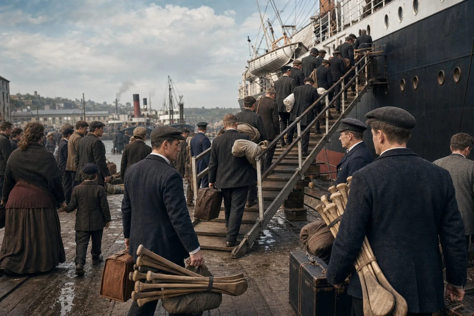 GAA athletes boarding a transatlantic steamer with trunks and bundles of hurleys at Queenstown in 1888