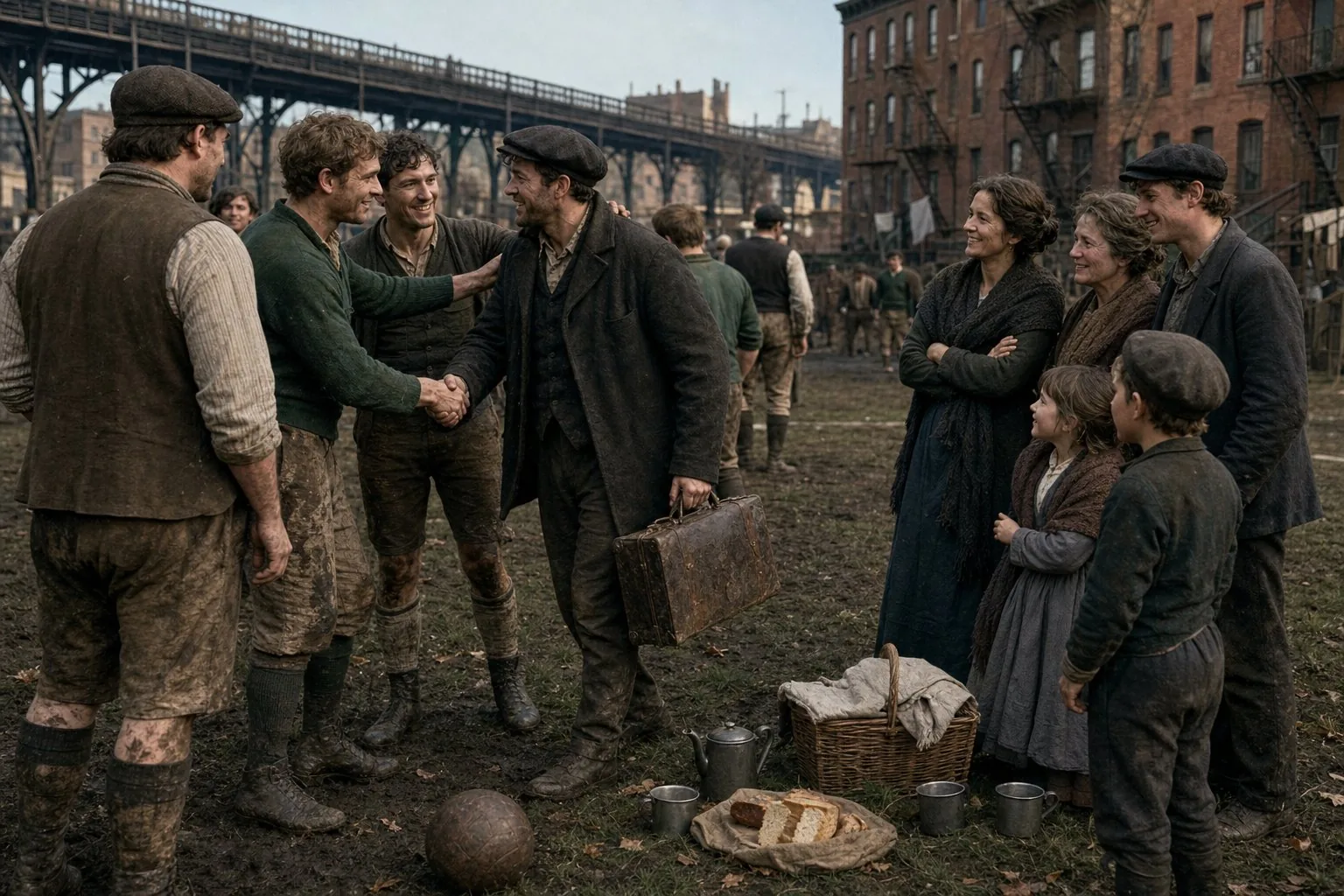 Irish immigrant players and families welcoming a newcomer beside a rough Bronx football pitch in the 1890s