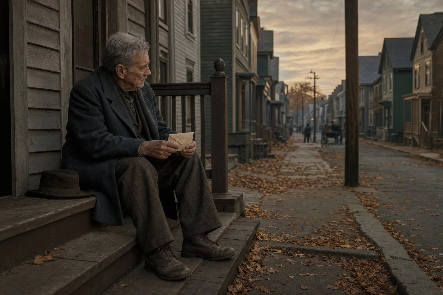 An elderly Irish man holding an envelope on a Boston porch in autumn evening light