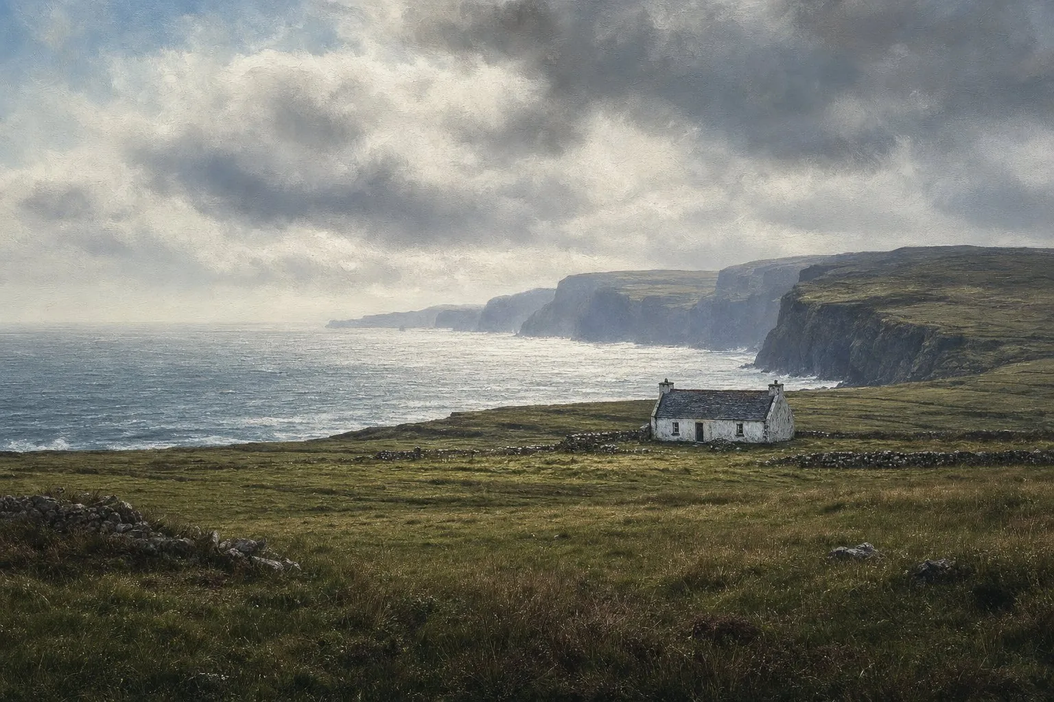 Green fields running to Atlantic cliffs in north County Mayo beneath fast-moving cloud
