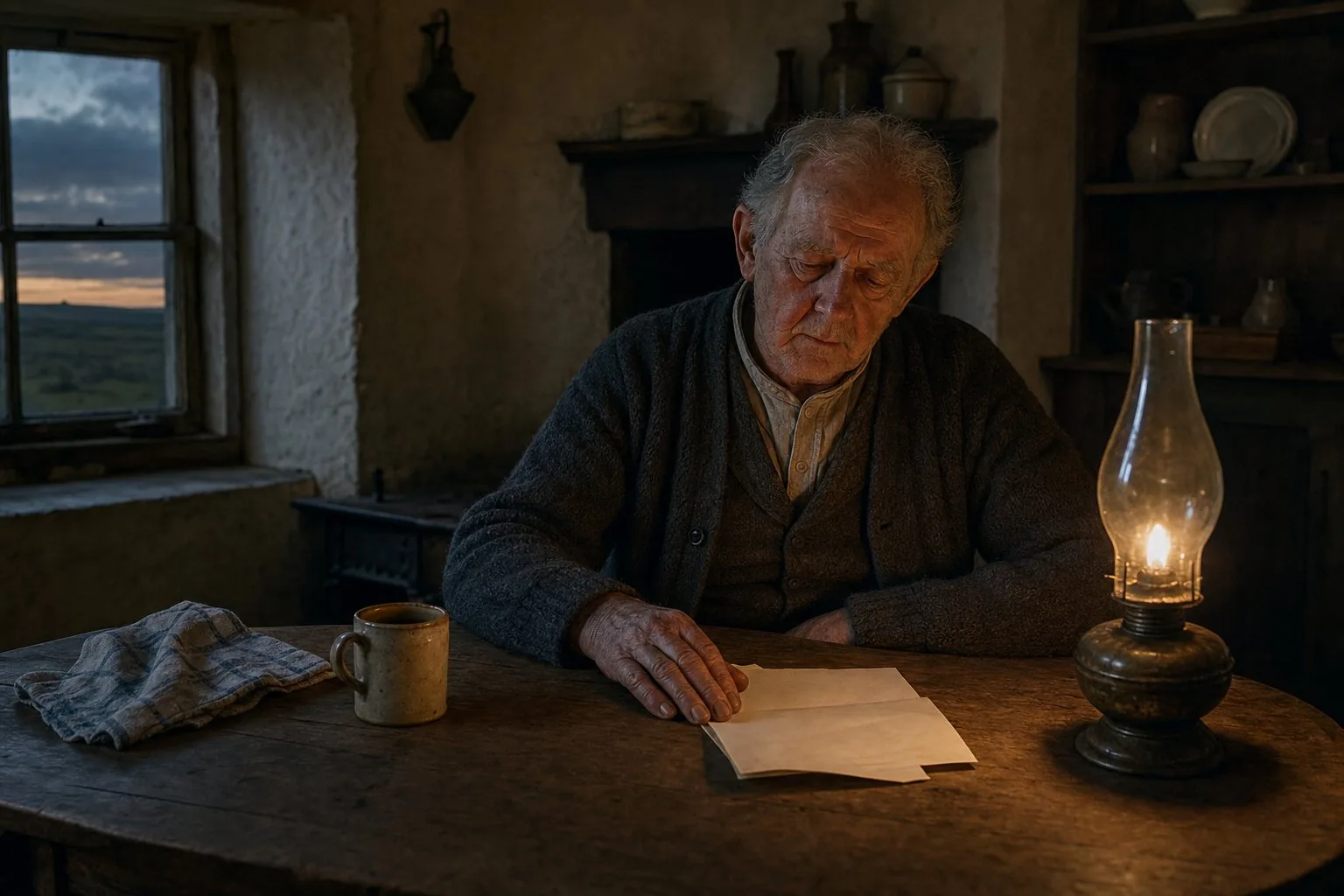 An elderly man sitting quietly at a kitchen table with an open letter beneath his hand