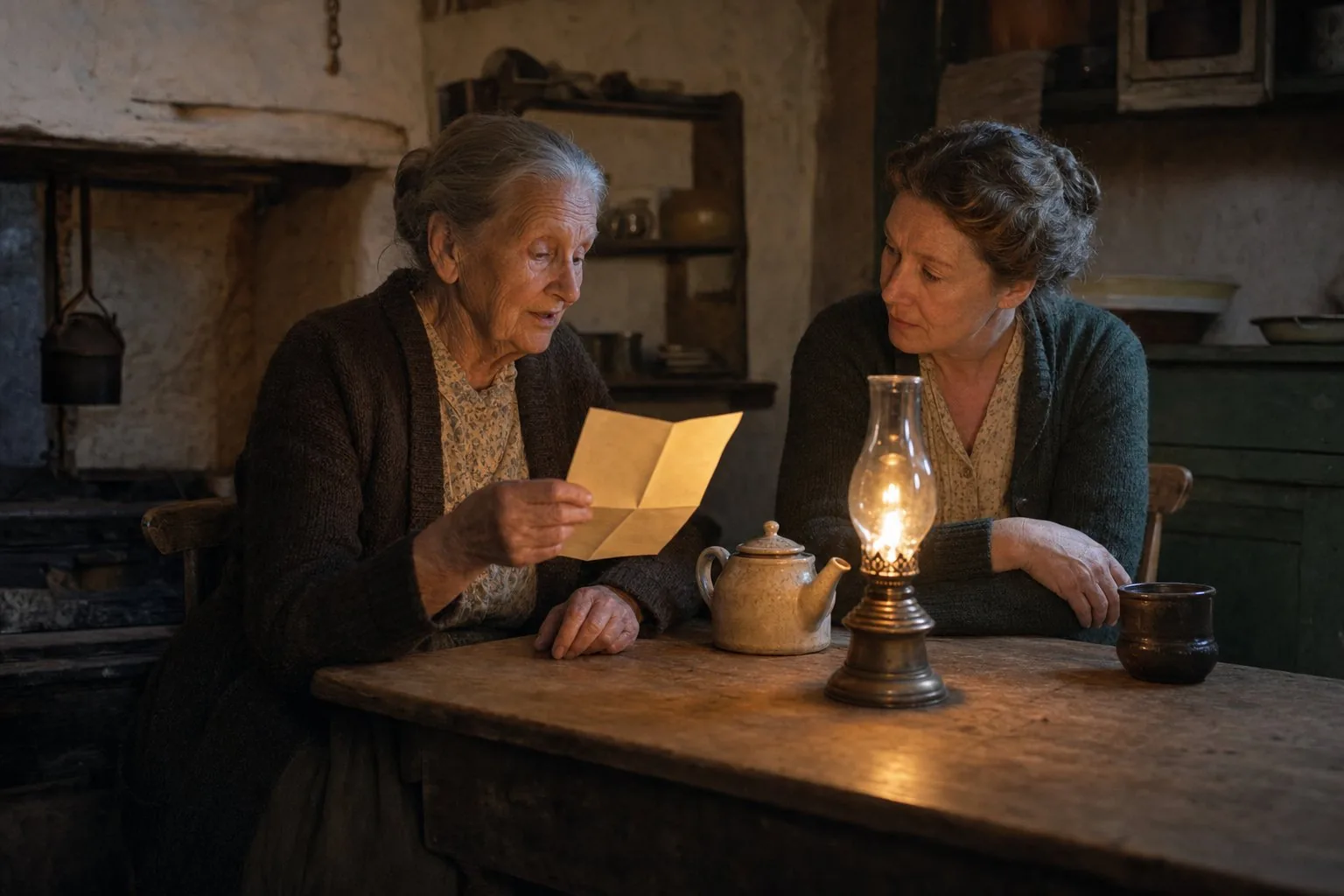 An older woman speaking over an open letter as her grown daughter listens at a farmhouse table