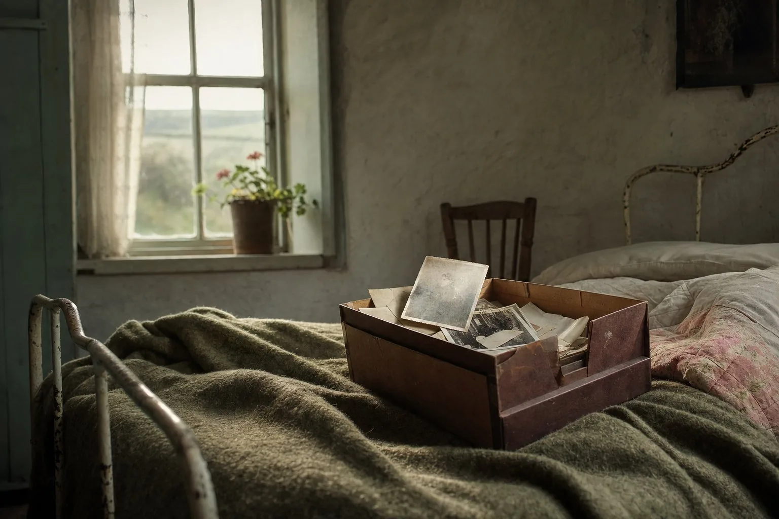 A shoebox of old photographs and letters opened on a bed in afternoon light