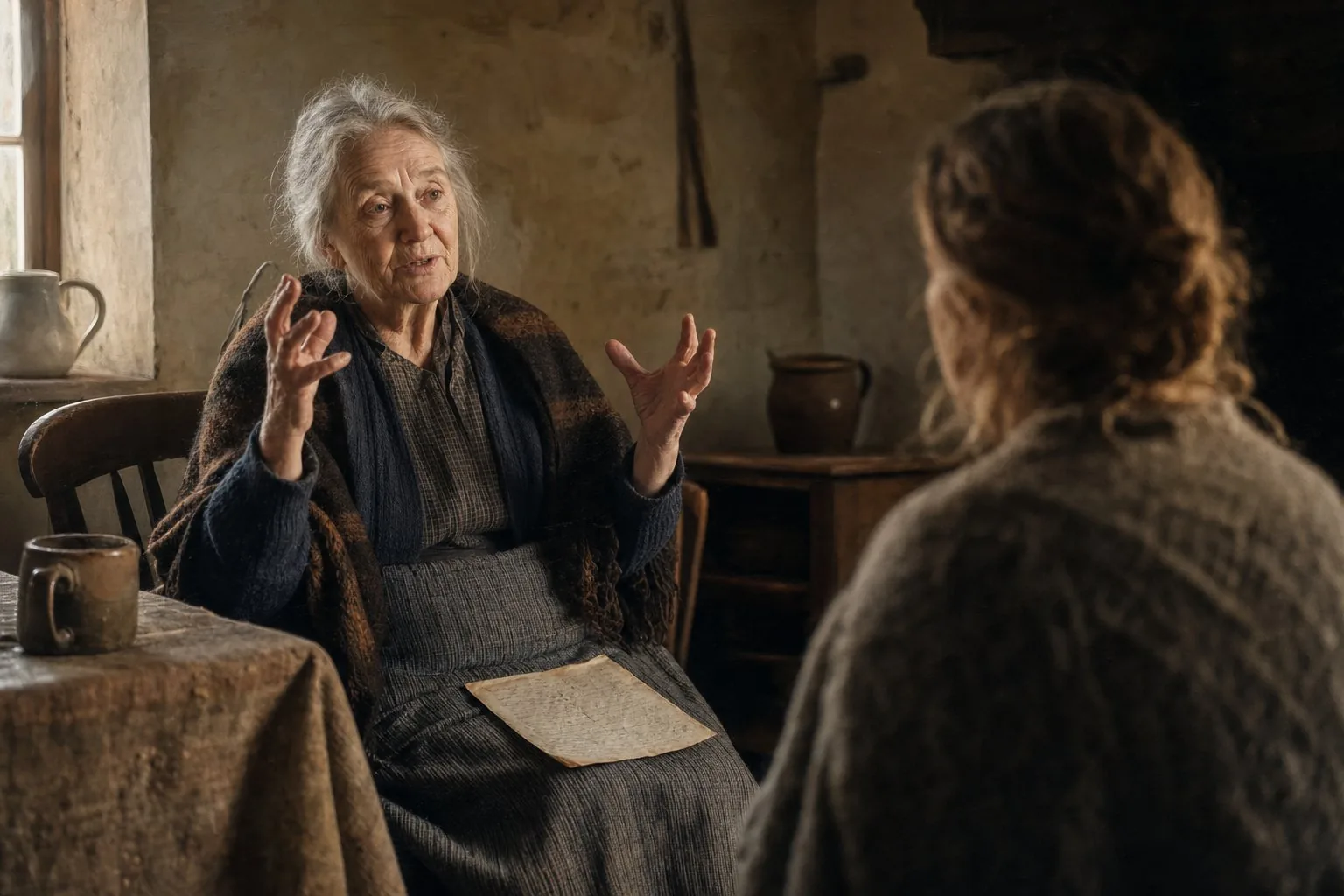 An elderly woman animated in mid-story with a letter resting forgotten on her lap