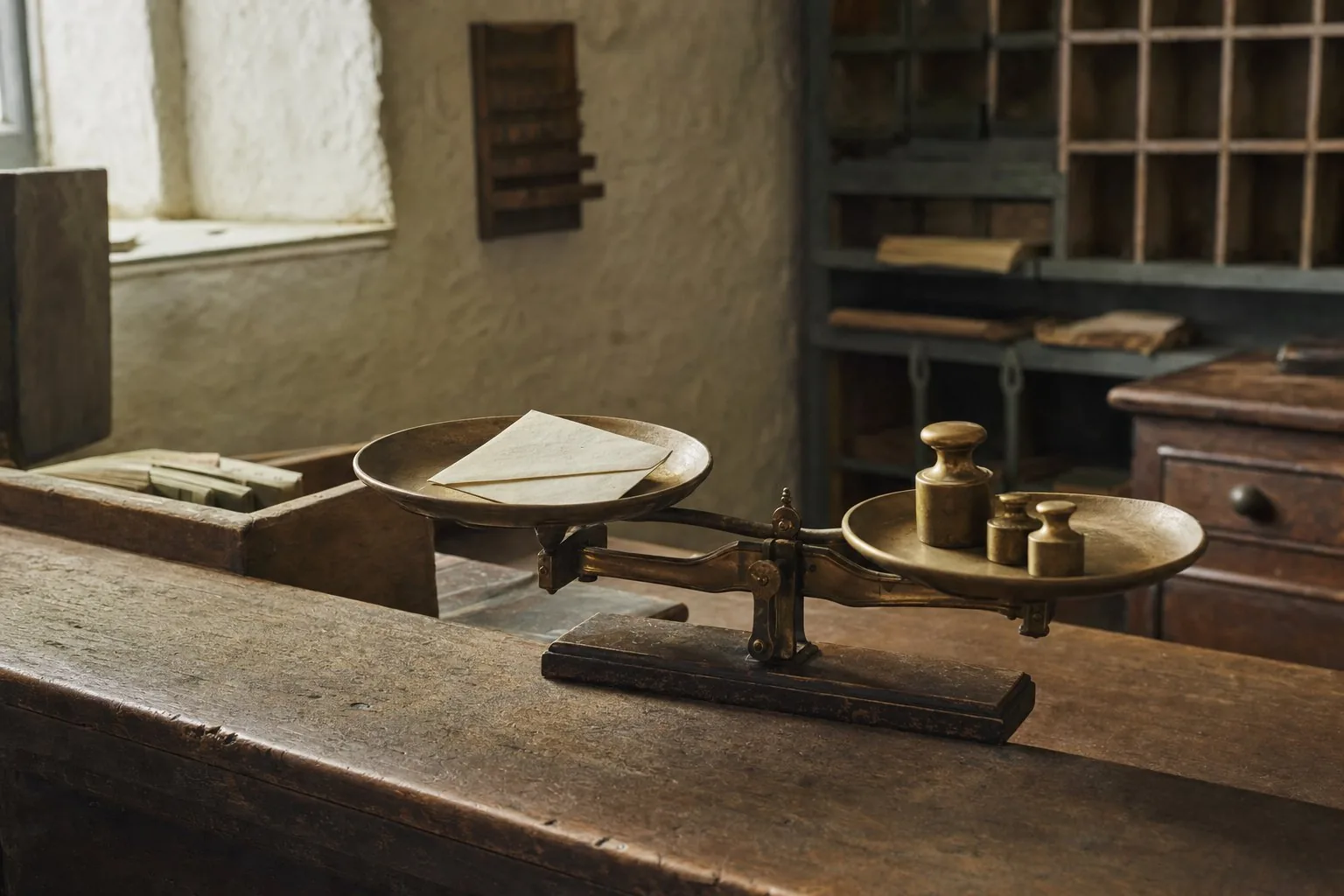A letter being weighed on a brass balance scale at an old post office counter