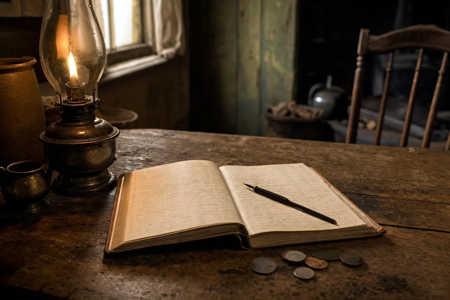 An open household account book with a dip pen and worn coins on a scrubbed table