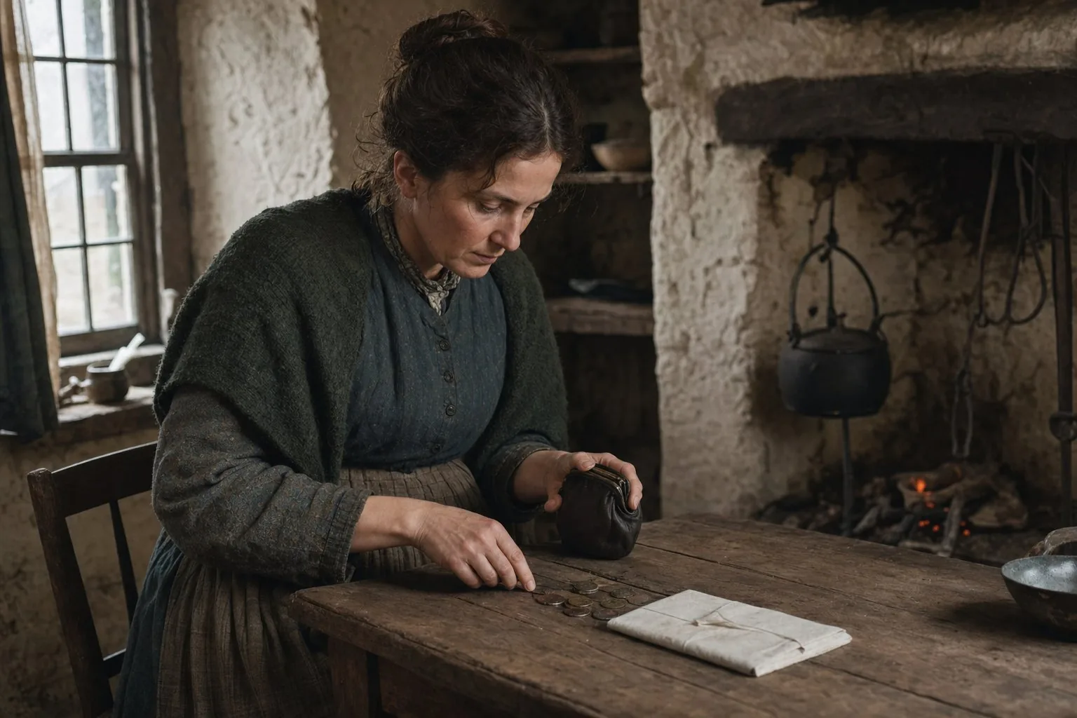 A woman counting coins from a small purse beside a letter at a County Mayo cottage table