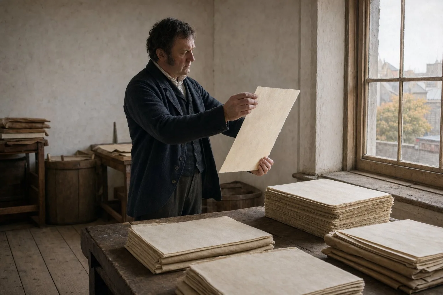 A Dublin stationer inspecting the fibres of a warm ivory sheet in clear autumn light