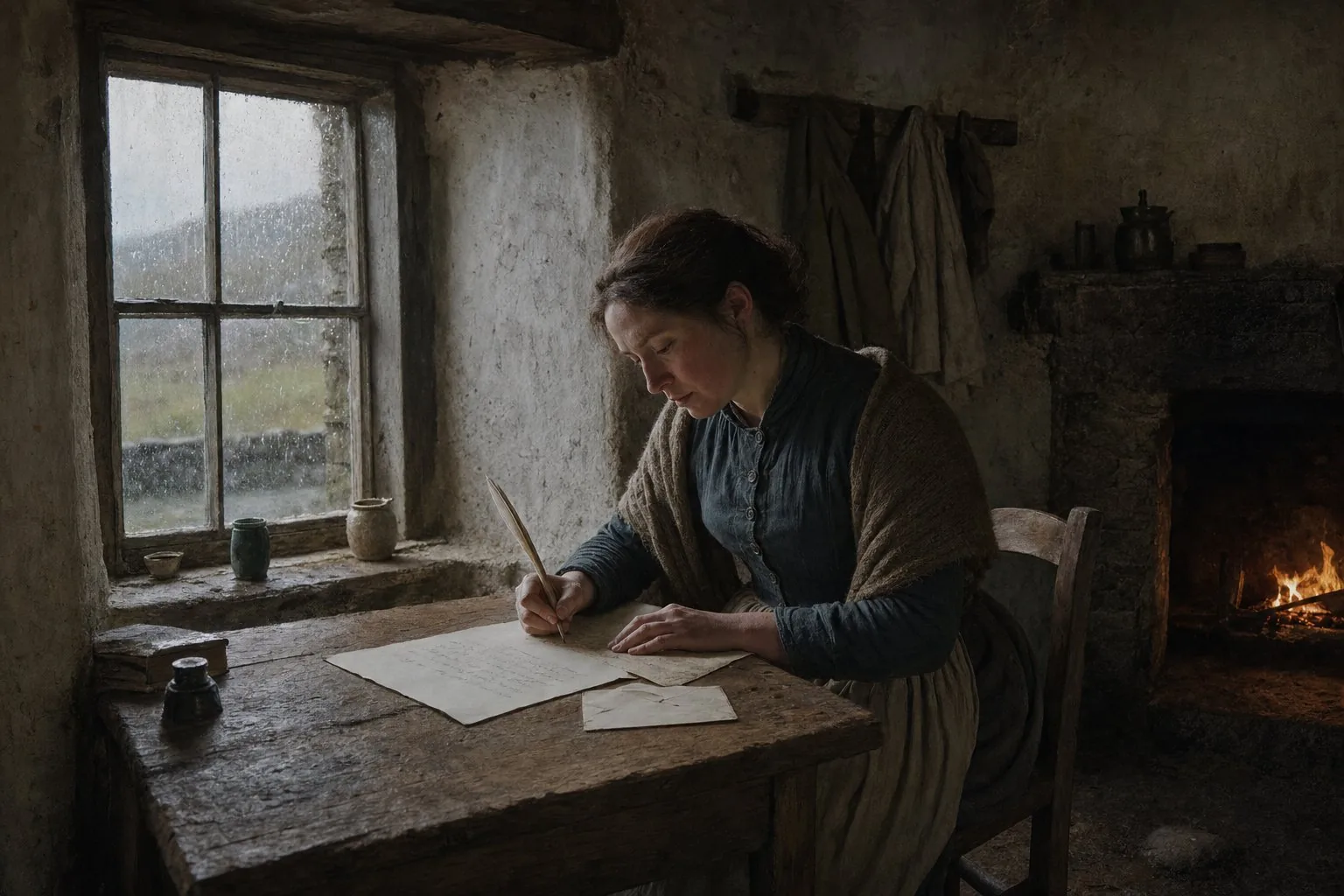 A woman writing carefully on broad cream paper at a Mayo cottage table in 1856