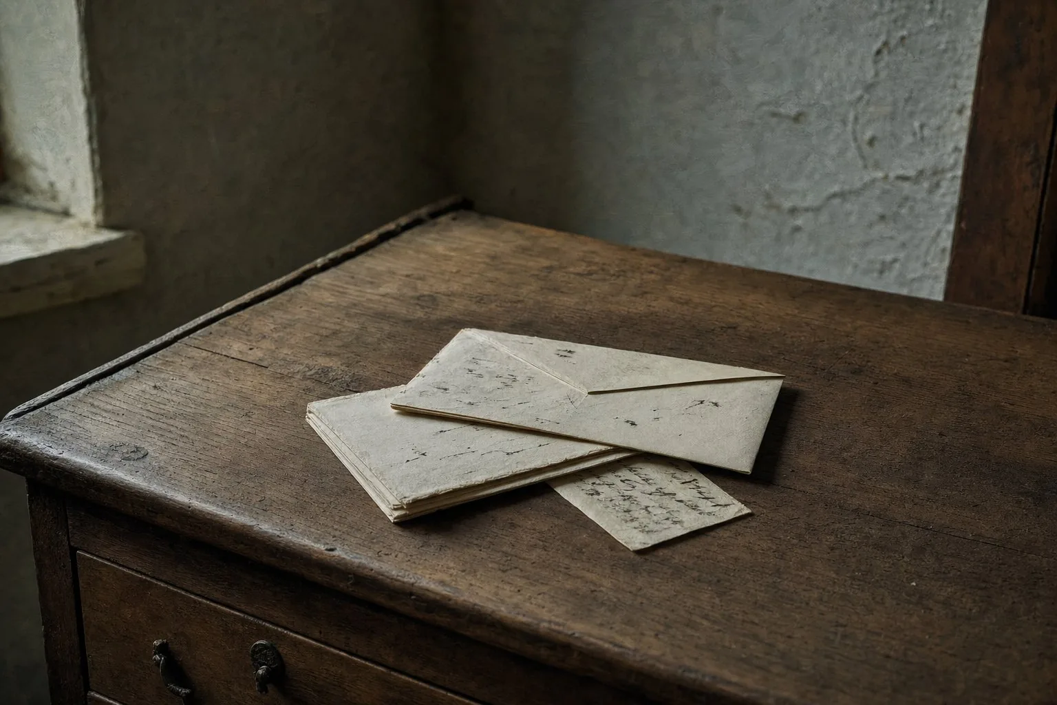 A hand-addressed correspondence packet and folded letter ready for packing on a Mayo dresser